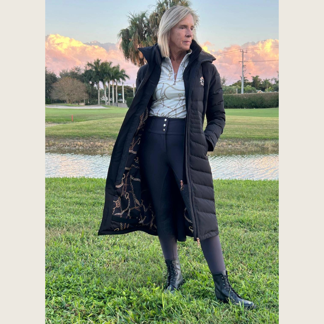 Black Duck Down Riding Coat with Velvet Collar